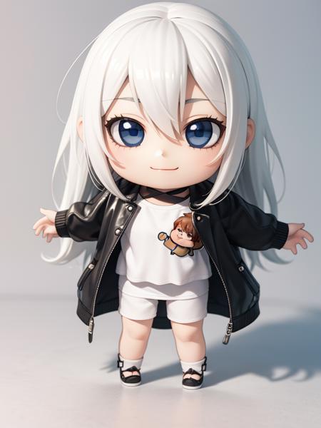 masterpiece, best quality, (realistic), (perfect face), intricate, ultra detail, 3d art, 3d render, 8k, simple background, natural light, (chibi:1.4), 1girl, standing, white hair, blue eyes, casual, smile, spread arms,