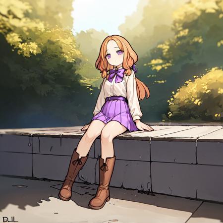 (masterpiece, best quality, floppy ears:1.4), paniel_head, paniel_ears, paniel_hairstyle, paniel_body, paniel_tail, 1girl, solo, white shirt, blonde orange hair, purple skirt, black bow, dark brown belts, boots, outdoors,  sitting, <lora:panielv1.2-000003:0.8>