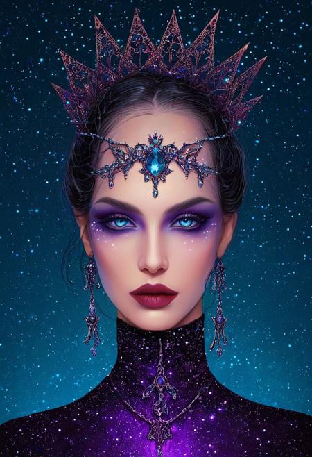 DB4RZ style painting, aidmansfwunlock, masterpiece, neon splash art This is a digital artwork featuring a stylized covered in a constellation of glittering iridescent stars and cosmic particles surrealistic portrait of a humanoid figure set against a dark with a body that is predominantly dark almost liquid texture almost black gradient background transitioning from dark purple to black. The figure is rendered in a smooth giving it a celestial appearance.vibrant surreal colours fine art,Full shot of an abstract painting. , <lora:FLUX-daubrez-DB4RZ-v2:1> DB4RZ, DB4RZ style painting Create a calligram portrait of a gothic vampire queen, with dark, haunting eyes and an elaborate collar. Use words like 'immortal,' 'shadows,' and 'desire' to form her face and collar, with subtle fang shapes. Let the words glow in a soft, pale blue against a jet-black background, giving her an eerie yet regal presence.