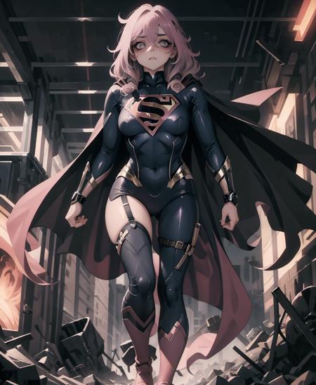 superman_oc, yukimuro, 1girl, pink hair, black eyes, bodysuit, pink bodysuit, cape, pink cape, looking at viewer, solo, <lora:superman_oc-09:1>,  <lora:Yukimuro-02:1>