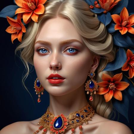 Ultra realistic color pencil drawn portrait of a beautiful 20yo blonde female with red and orange flowers in her hair, large intricate  golden earrings and a detailed and intricate golden necklace. (looking at viewer), (beautiful blue-gray eyes), (ruby red lipstick),
BREAK
Deep dark intense (midnight blue hazy background:1.6),
dynamic lighting, (soft shadows), (soft focus),  (photo realistic), uhd, 8k