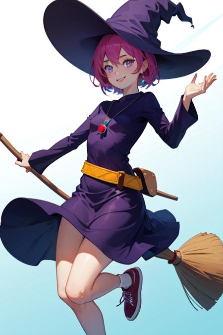 (masterpiece, best quality:1.2),
<lora:Teresa-chan-10:0.5>, teresa chan, purple eyes, smile, witch hat, dress, small breasts, purple dress, shoes, colorful necklace, sneakers, green belt, long sleeves, broom riding