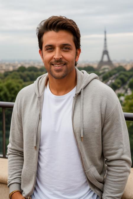 (closeup portrait photo:1.2), (hrxw man:1),  in Paris, at the Eiffel Tower, Ripped jeans and oversized hoodie, smiling, face shot
 <lora:HrithikRoshanDogu:1>