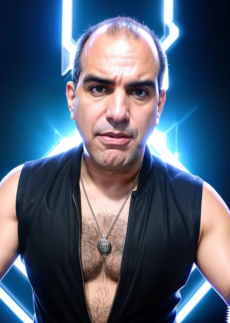 photo of [a bald man with a monobrow:ElectroBoom:0.3], as an electric super hero