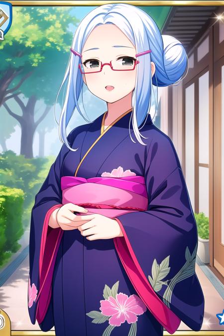 (masterpiece, best quality), highly detailed background, perfect lightingbest quality, kiryuunoriko, solo, outdoors, blue hair, hairclip, hair ornament, hair bun, long hair, glasses, grey eyes, black kimono, <lora:GoodHands-vanilla:1>, japanese clothes, smile, open mouth, parted lips, pink lips, <lora:Kiryuu-Noriko:0.7>