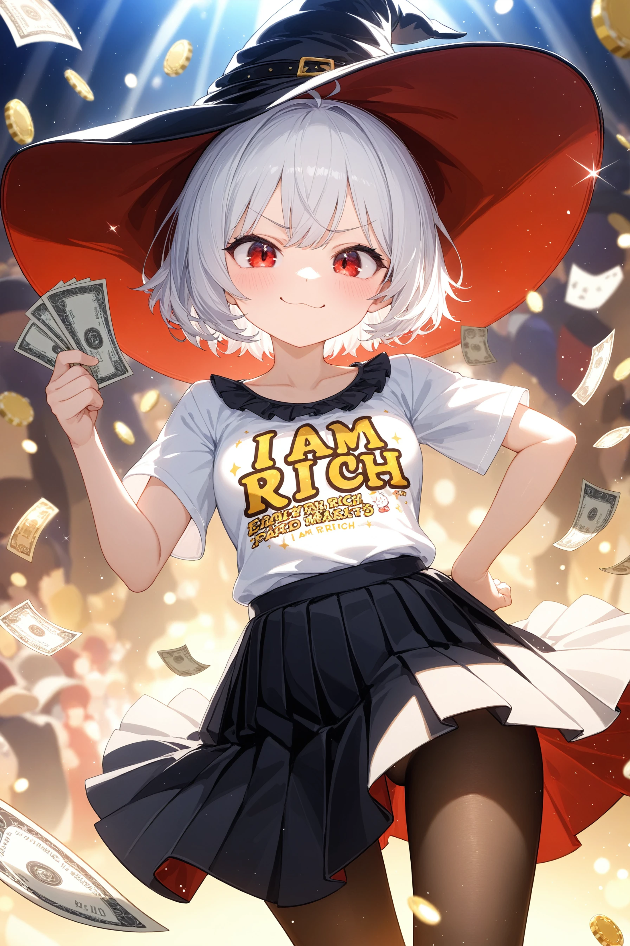 1girl, solo, cute, white short hair, red eyes, wizard hat, close-up, dynamic angle, smug face, :3, (drooling:0.6), ("I AM ...