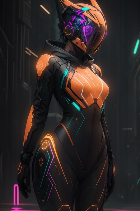 ((best quality)),absurdres,(ultra high res),octane render, girl, mechanical bodysuit, cyber helmet, orange suit, orange helmet, neon light, (8k), (Masterpiece), (cinematic lighting), <lora:Mechsuit:0.85>