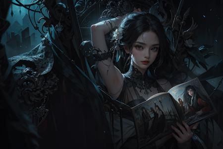 official art, unity 8k wallpaper, ultra detailed, beautiful and aesthetic, beautiful, masterpiece, best quality,
Dark, atmospheric, mystery, romanticism, macabre, literature, art, fashion, Victorian, ornamental, intricate, ironwork, lace, brooding, emotional depth, supernatural,
1girl,solo, 
<lora:gufeng-000014:0.5>  <lora:LowRAv2:0.6>  <lora:OC:0.3>