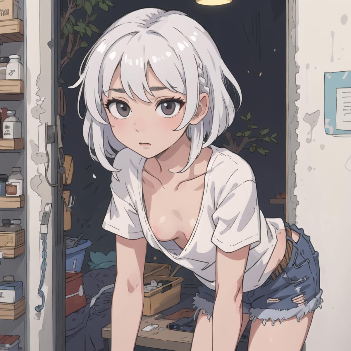 A cartoon illustration of a white-haired girl wearing a white shirt and jean shorts.