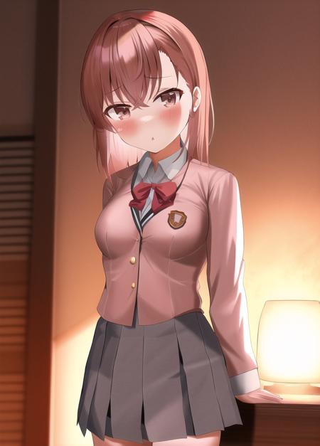 misaka mikoto,1girl, solo, meiji schoolgirl uniform, best quality, tsundere, medium breasts, ray tracing, cinematic lighting, chiaroscuro, depth of field, caustics, absurdres,