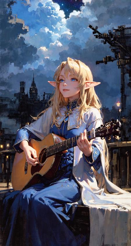 masterpiece, best quality, the cloud elf queen busks on the streets of new york, casual, sitting, playing guitar, dark moody lighting, night sky, night, starry sky, glittering, dark, (smile:0.8)