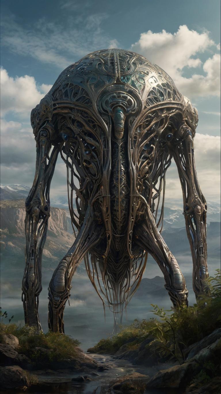 A grandiose and whimsical modular migrant creature, with intricate metallic limbs that shimmer in the soft lighting of a fantasy world. Realistic painting style, inspired by the works of Thomas Moran and Claude Monet. Long shot view, showcasing the vastness of this creature's world. Concept art by H.R Giger and Hayao Miyazaki. (4k resolution)

