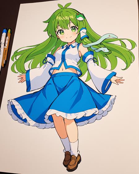 kochiya sanae,1girl, solo, traditional_media, frog_hair_ornament, snake_hair_ornament, detached_sleeves, blue_skirt, gohei, navel, wide_sleeves, brown_footwear, white_shirt, blush, white_socks, smile, closed_mouth, marker_\(medium\), looking_at_viewer, shoes, collared_shirt, medium_breasts, holding, hair_tubes, sleeveless_shirt, midriff, bare_shoulders, nontraditional_miko
<lora:kochiya_sanae_image8584_2023-12-17:1>,star-shaped_pupils,symbol-shaped_pupils,. gorgeous,key visual, vibrant, studio anime,award-winning, professional, highly detailed,high budget, cinemascope