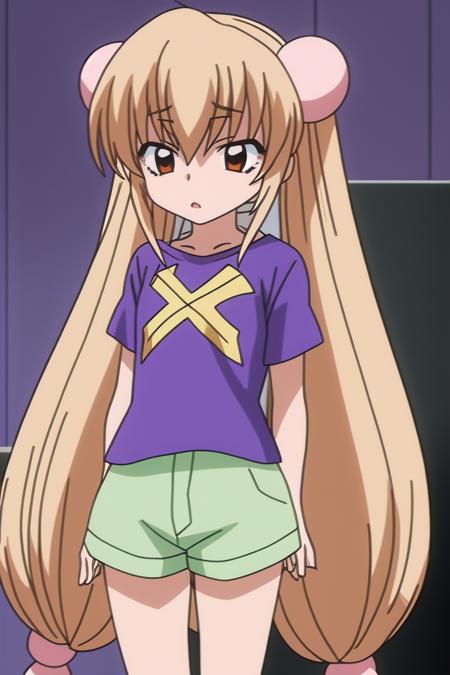 <lora:KodomoNoJikan_kokonoe rin:0.7> kokonoe rin,violet_X_shirt  green_shorts,, 8k, masterpiece, absurdres, anime,