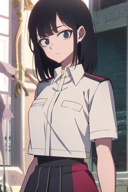 lingqiao, <lora:lingqiaotest:1>, 
ling qiao, bangs, black hair, medium hair, (black eyes:1.5),
BREAK skirt, shirt, white shirt, short sleeves, collared shirt, black footwear, red skirt, sandals, pocket, long skirt, shirt tucked in, breast pocket,
BREAK looking at viewer,
BREAK outdoors, city,
BREAK <lora:GoodHands-vanilla:1>, (masterpiece:1.2), best quality, high resolution, unity 8k wallpaper, (illustration:0.8), (beautiful detailed eyes:1.6), extremely detailed face, perfect lighting, extremely detailed CG, (perfect hands, perfect anatomy),