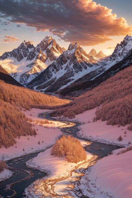 (masterpiece), (best quality), ultra-realistic, high-resolution, breathtaking mountain range at golden hour, warm sunlight casting long shadows, snow-covered peaks, a winding river below, dramatic clouds glowing orange and pink, photorealistic lighting, realistic landscape, serene atmosphere