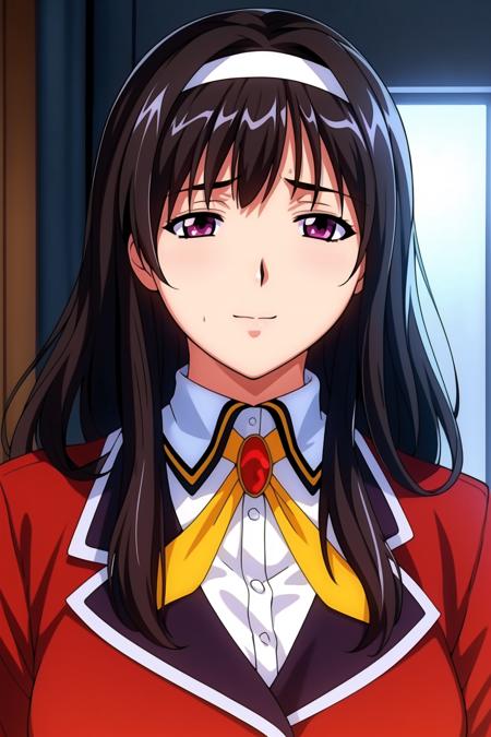 Simple White Background,
uniform with a yellow tie,red jacket,long sleeves,buttons, collared shirt,
<lora:Chiaki_Tachibana_Houkago-KK77-V1:0.7>,
black hair,Bangs,purple eyes,long hair, White hairband, 
<lora:Mariana_Luciano_NON_VIRGIN-KK77-V1:0.3>,<lora:more_details:0.1>,
1 girl, 20yo,Young female,Beautiful Finger,Beautiful long legs,Beautiful body,Beautiful Nose,Beautiful character design, perfect eyes, perfect face,expressive eyes,perfect balance,
looking at viewer,(Focus on her face),closed mouth, (innocent_big_eyes:1.0),Light_Smile,
official art,extremely detailed CG unity 8k wallpaper, perfect lighting,Colorful, Bright_Front_face_Lighting,shiny skin, 
(masterpiece:1.0),(best_quality:1.0), ultra high res,4K,ultra-detailed,
photography, 8K, HDR, highres, absurdres:1.2, Kodak portra 400, film grain, blurry background, bokeh:1.2, lens flare, (vibrant_color:1.2),professional photograph, 
(Beautiful,large_Breasts:1.4), (beautiful_face:1.5),(narrow_waist),