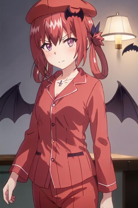 best quality, masterpiece, highres, solo, {satanichia_kurumizawa_mcdowell_gabrieldropout:1.15}, red_hair, hair_ornament, hair_rings, bat_hair_ornament, purple_eyes, v-shaped_eyebrows, 1girl, collarbone, upper_body, wings, bat_wings, hat, low_twintails, nightcap, twintails, long_hair, shirt, blush, closed_mouth, looking_at_viewer, pajamas