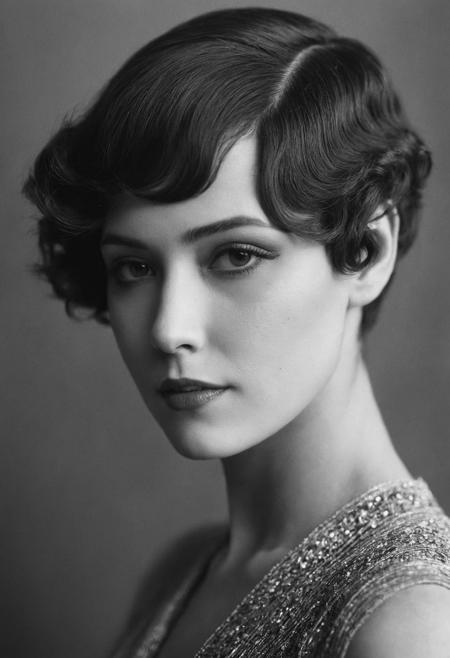 Photograph of a woman from the 1920s, short hair, (finger-weave hairstyle:1.1),posing for a photograph. close-up, black and white, cinematic composition, looking at camera, seductive, soft shadows, grainy,