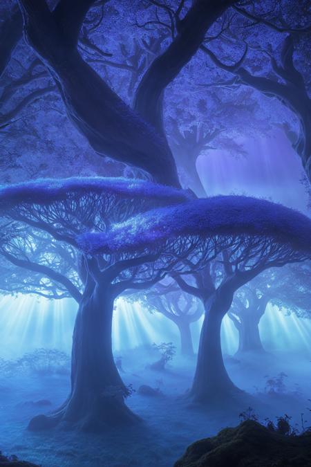 misty enchanted forest, glowing mushrooms scattered on the forest floor, ancient trees with twisting branches, soft blue and purple lighting, gentle fog rays through trees, fantasy magical vibe, high detail forest floor