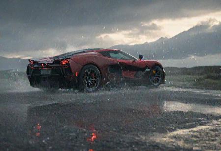 Witness the electrifying spectacle of a hypercar tearing through a rain-soaked racecourse in a stunning display of speed and precision. Against the backdrop of a stormy sky, the sleek silhouette of the hypercar cuts through the deluge with unrivaled intensity.
Every detail of the hyper car is meticulously rendered, from the aerodynamic curves of its body to the gleam of its polished exterior. Raindrops cascade off the car's surface, creating a mesmerizing blur of motion as it hurtles forward with lightning speed., (ultra realistic details),  (UHD)