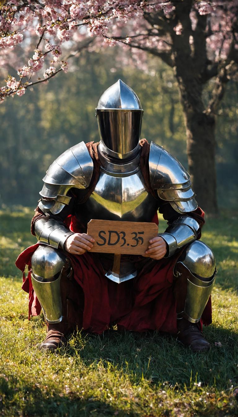 Holding a wooden sign "SD3.5 Medium/Lite",very realistic, (light diffusion:0.8), (volumetric light:0.8), A forlorn knight, clad in burnished, verdigris-tinged plate armor, sits in melancholic repose amidst a liminal sylvan glade. He is framed in a dynamic three-quarter shot, his posture indicative of introspection and perhaps, a profound ennui. The palette is rich in emerald and viridian hues, counterpointed by the ephemeral blush of falling blossoms, their efflorescence a poignant juxtaposition to the knight's impassivity.  Light, filtered through the canopy above, imbues the scene with a spectral luminescence, casting subtle chiaroscuro across the knight's form. His gaze, concealed by the impassive visor, remains an enigma, inviting the viewer to speculate upon the silent narrative etched upon his armor and the introspective weight of his solitude.