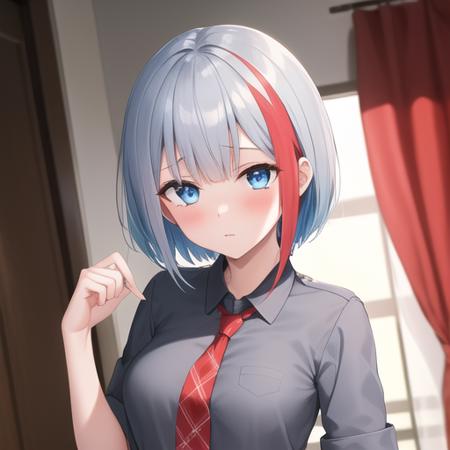 (masterpiece, best quality:1.2),illustration,8k,hd,1girl,solo,multicolored_hair,short_hair,streaked_hair,red_hair,blue_eyes,white_hair,bangs,blush,breasts,grey_hair,black_shirt,necktie,red_necktie,shirt,<lora:Admiral Graf Spee(azur)>,