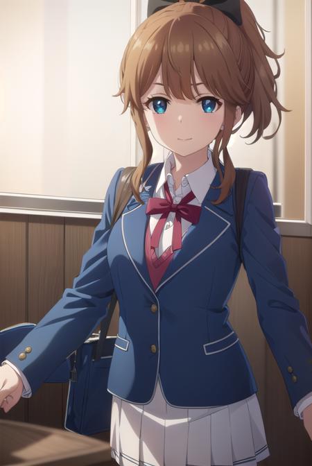 akatsukiminami, <lora:akatsuki minami s1-lora-nochekaiser:1>,
akatsuki minami, blue eyes, brown hair, ponytail, hair bow, sidelocks, black bow, smile,
BREAK shirt, school uniform, jacket, white shirt, necktie, collared shirt, blazer, red necktie, red skirt, skirt,
BREAK indoors, classroom,
BREAK looking at viewer, (cowboy shot:1.5),
BREAK <lyco:GoodHands-beta2:1>, (masterpiece:1.2), best quality, high resolution, unity 8k wallpaper, (illustration:0.8), (beautiful detailed eyes:1.6), extremely detailed face, perfect lighting, extremely detailed CG, (perfect hands, perfect anatomy),