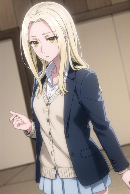 rioamakusa, <lora:rio amakusa s1-lora-nochekaiser:1>,
rio amakusa, long hair, blonde hair, (yellow eyes:1.2), (forehead:1.2),
BREAK skirt, shirt, long sleeves, school uniform, jacket, white shirt, pleated skirt, socks, miniskirt, blazer, cardigan, green skirt,
BREAK indoors, classroom,
BREAK looking at viewer, (cowboy shot:1.5),
BREAK <lyco:GoodHands-beta2:1>, (masterpiece:1.2), best quality, high resolution, unity 8k wallpaper, (illustration:0.8), (beautiful detailed eyes:1.6), extremely detailed face, perfect lighting, extremely detailed CG, (perfect hands, perfect anatomy),