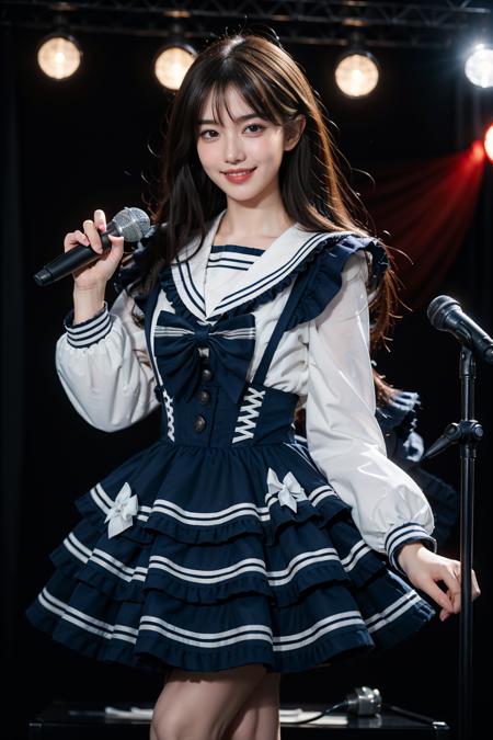 best quality, masterpiece, realistic, photorealistic, 1girl, solo, grin, standing, cowboy shot, (holding microphone:1.2), voice actor, singing, cyb dress, dress, dark blue dress, long sleeves, frilled dress, layered dress, suspender skirt, white shirt, frills, sailor collar, bow, stage, stage in the backgorund, stage lighting, stage spotlight, detailed background, audience, people , <lora:idol_costume_style9_v1:0.7>