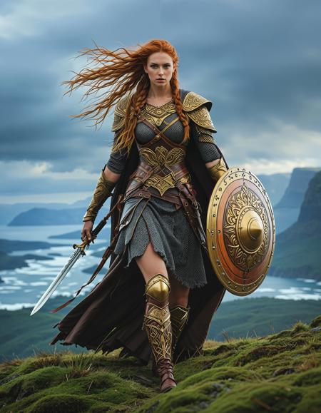 freyja, auburn hair, braided hair, magic, forest, viking queen, mythic beauty, <lora:NBN-Freyja_NordicByNature:0.8>, <lora:NordicByNature:0.8>,Shieldmaiden in Battle, A fierce Viking shieldmaiden clad in chainmail and leather armor, wielding a round wooden shield and a sharp sword. Her braided hair flows in the wind as she stands victorious on a battlefield under a stormy sky. The setting is an ancient Nordic landscape with towering fjords in the background.,low light, soft natural light, Rembrandt style light, Hasselblad DLSR camera, 200mm Zeiss lens, f/2.8, clear focus, high resolution image, ,Sexy pose, erotic pose, exhibitionism, ,Bustling bazaar