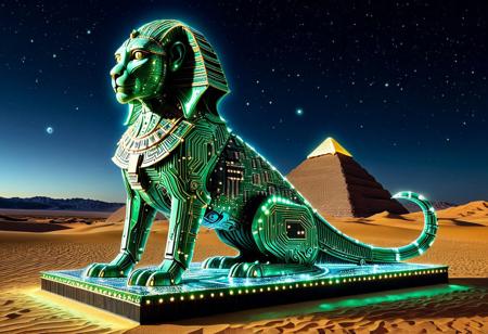 Monumental Statue of a sphinx made of circuit board, desert scene, night, stars, constellations,
,glowing, magicNpolished, light,
very detailed, amazing quality, intricate, cinematic light, highly detailed, beautiful, surreal, dramatic,