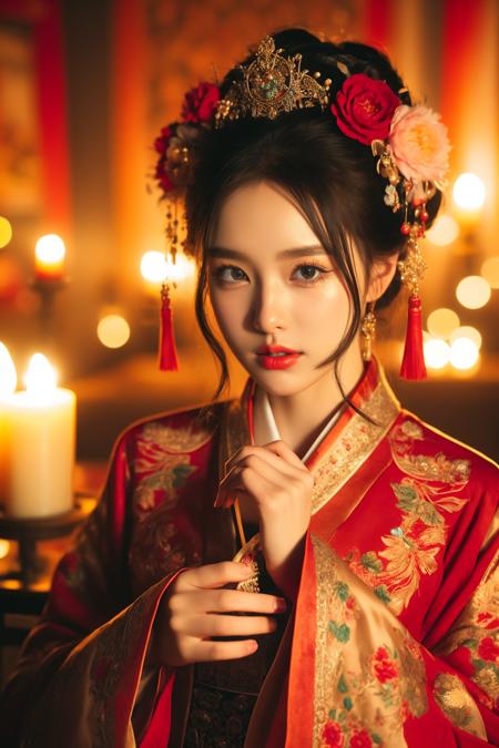 1girl, hair ornament, solo, flower, hair flower, candle, earrings, jewelry, black hair, black eyes, blurry, lips, red lips, looking at viewer, tassel, depth of field, makeup, realistic,(red_clothes:1.5),chinese clothes, floral print, cowboy shot
<lora:kim_å«£ææ¥¼_v1:0.85>