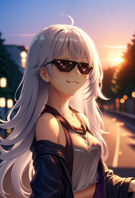 IncrsXLDealWithIt, anime, girl, silver hair, long hair, smiling, , outdoors, afternoon, dusk, scenery, Bokeh, sunglasses, hoodie,