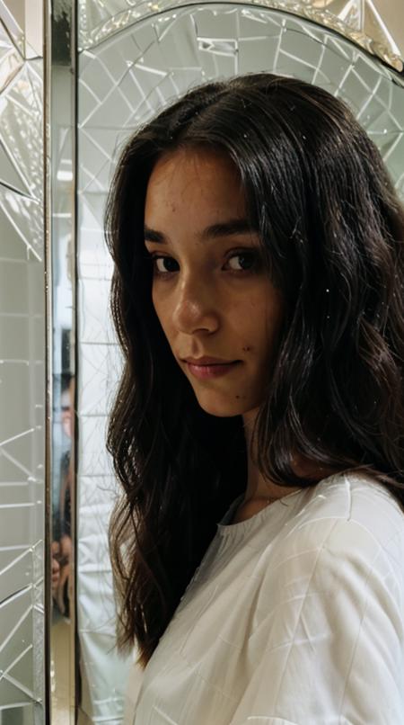 (close-up:1.3) portrait photography of ohwx vanes standing in front of a mirror taken on Fujifilm X-T4 Mirrorless Camera,  white pale skin, <lora:lora_sks_vanes_v1:0.8>, (looking at viewer:1.3), (eye contact:1.3), long curly hair, in a dark mirror maze, bokeh, dusk, flat lighting, (soft saturation:1.2), <lora:add_sharpness:-0.6>, <lora:photoblend:0.5>, <lora:epi_noiseoffset2:0.6>, <lora:add_detail:0.4>