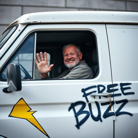 Photograph of a middle age man driving an old white van. The smiling man sits in the driver seat, looks like a the villain of a kids movie and waves at the viewer. The van is white and beaten, it has a sliding door. The side of the van is spray painted with a yellow thunder icon and black text that reads  "FREE BUZZ".