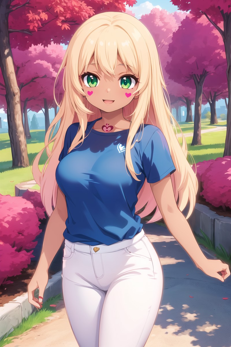 masterpiece, best quality, ultra detailed, anime style, 1girl, young, cute, (dark skin), blond hair, long hair, green eyes...