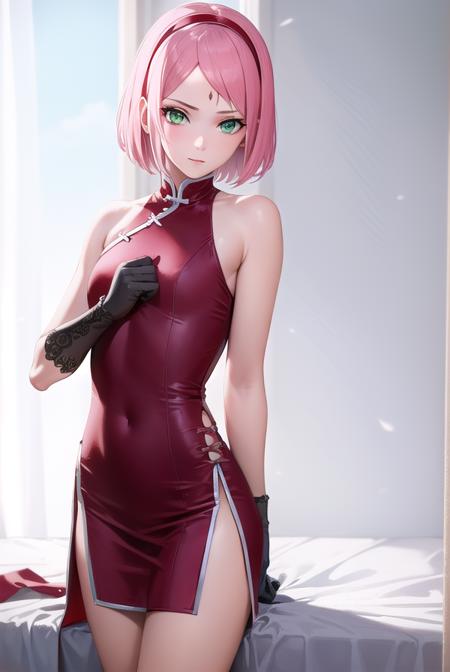 sakuraharuno, <lora:sakuraharunov2-lora-nochekaiser:1>,
sakura haruno, short hair, bangs, (green eyes:1.5), pink hair, hairband, facial mark, (forehead mark:1.2), red hairband, (swept bangs:1.5), (small breast:1.2),
BREAK chinese clothes, dress, (red dress:1.2), short skirt, black shorts, gloves, black gloves, sleeveless,
BREAK looking at viewer,
BREAK indoors, bed,
BREAK <lyco:GoodHands-beta2:1>, (masterpiece:1.2), best quality, high resolution, unity 8k wallpaper, (illustration:0.8), (beautiful detailed eyes:1.6), extremely detailed face, perfect lighting, extremely detailed CG, (perfect hands, perfect anatomy),