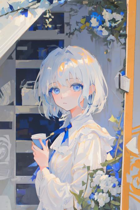 <lora:xingtong_2d:1>, xingtong, 1girl, blue eyes, white hair, okappa haircut