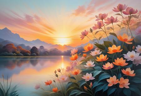 Sunset painting with double exposure., captivating and enchanting elements, classical beauty, serene nature scenes, modern botanical artistry, harmonious blend, mesmerizing composition, immersive experience, botanical beauty, contemporary elegance, intricate details, soft colors, peaceful ambiance, blending classical and contemporary botanical aesthetics to create a timeless and captivating floral masterpiece.