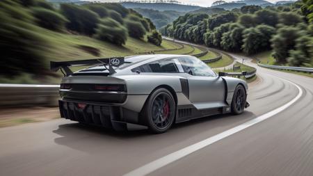 a blue metalic nvs74 sports car riding over amazon forest at extreme speed, wide angle photo, sense of speed, motion blur, perspective distortion, night <lyco:N Vision 74-000008:0.8>