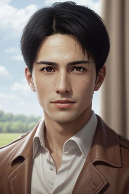 Marco Bott, (human male:1.3), (short hair:1.2) (black hair, straight hair, center-parted short hair, very short curtained hair:1.2), (bare forehead:1.2), (light brown eyes, normal size eyes), wearing pure white collared shirt, handsome, charming, alluring, friendly, (standing), (upper body in frame), simple background, green plains, cloudy blue sky, perfect light, only1 image, perfect anatomy, perfect proportions, perfect perspective, 8k, HQ, (best quality:1.5, hyperrealistic:1.5, photorealistic:1.4, madly detailed CG unity 8k wallpaper:1.5, masterpiece:1.3, madly detailed photo:1.2), (hyper-realistic lifelike texture:1.4, realistic eyes:1.2), picture-perfect face, perfect eye pupil, detailed eyes, realistic, HD, UHD, (front view:1.2), portrait, looking outside frame, AttackonTitan