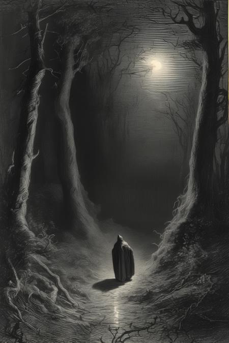 <lora:Gustave Dore Style:1>Gustave Dore Style - Gustave Dore etching of a mysterious nighttime scene, an entrance to a tangled dark forest. A small lone hooded traveller is seen in the far distance