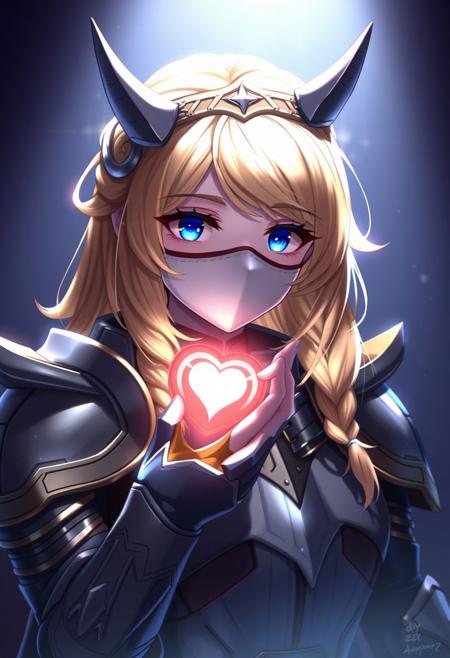 masterpiece, best quality, amazing quality, (realistic:1.3),
1girl, blonde hair, crown braid, (horns:1.4),
armor, pauldrons, (gauntlets:1.1), gold trim,
glowing heart,
faceless mask, white mask,
(looking at viewer:1.2), blue eyes, expressionless,
WCG-Illu,
dark background, sidelighting, atmospheric perspective, dim lighting, underlighting
<lora:Knight_Armor_for_Pony_V2:0.85>
<lora:Exp._Warframe_CGI_Illu_Edition:0.35>
<lora:Dark (Illustrious) v1:1>
