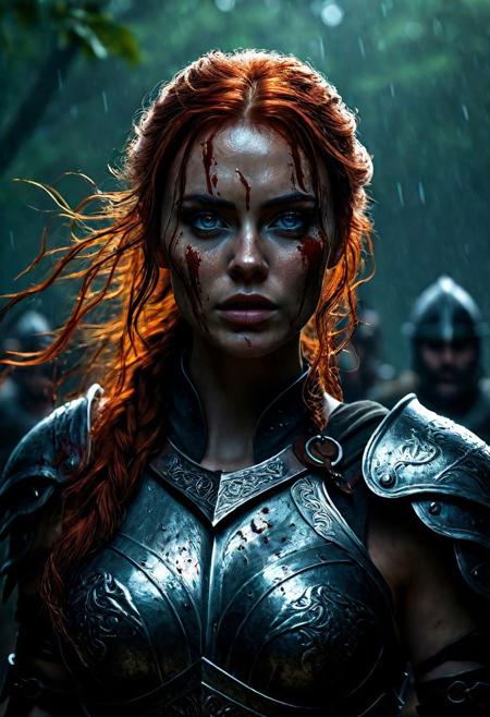 Ultra detailed digital art masterpiece Warrior Viking girl dressed in a iron Armor, Standing on a battlefield at the head of an army of knights, where a bloody slaughter is taking place, standing in battle pose, a dark epic fantasy, perfect lighting, beautiful Sadie Sink as Warrior Viking girl, attractive woman, elegant, beautiful woman of athletic body, unreal engine 5 nanite quality, mixed with dark elements, dark environment, very stormy day, LOTR style, dark washed out eyeliner, no make up, natural bloody pale face, realistic blue eyes, ultra detailed atmospheric details, beautiful glowing effects, sparkle effects, realistic body proportions, beautiful face proportions, complex masterpiece, wavy red hair, creative glowing detailed tattoos, complex physics, enhanced colors, complimentary colors, ultra detailed raytracing reflections, Ultra detailed complex background, environment feels alive, direct eye contact, dramatic lighting, wet and sweaty skin, beautiful firm Breasts, Daylight, Concept art by Greg Rutkowski, adding to the intense and dynamic atmosphere of the scene.