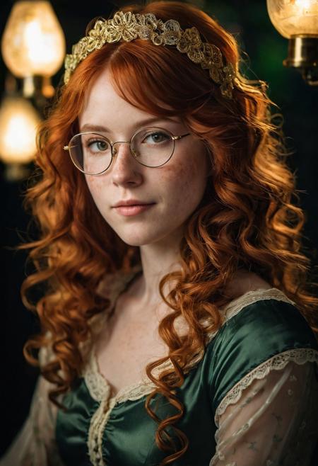 A night time photo of a beautiful woman, 50 years old, with long curly orange hair with gray highlights, tied back with a pretty green and gold hairband. pale skin and (freckles:1.1), sweet smile, wearing a dark green sheer iridescent satin Victorian dress with gold lace, sitting in a dark grotto lit by Victorian lanterns, full body view. She is wearing thin gold-rimmed spectacles
in the style of ilya kuvshinov and range murata and artgerm. shallow depth of field, vignette, highly detailed, high budget, bokeh, cinemascope, moody, epic, gorgeous, film grain, grainy, dark shadows, DarkFantasy, photo, cinematic,