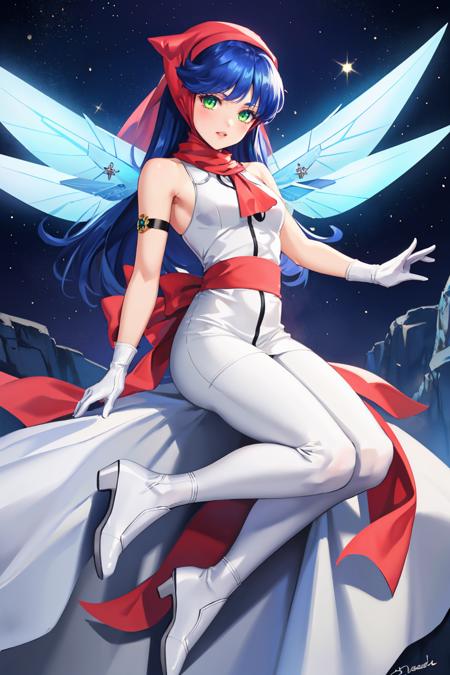 pixieds, blue hair, wings, gloves, green eyes, fairy, long hair, scarf, dress, white pants, white footwear