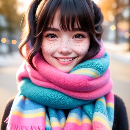 1girl,Sweet,smile,Kawaii,half body portrait,girl:1.5, Face behind wooly scarf, Freckles, face Closeup, face Hidden behind Pastell neon Striped wooly scarf,