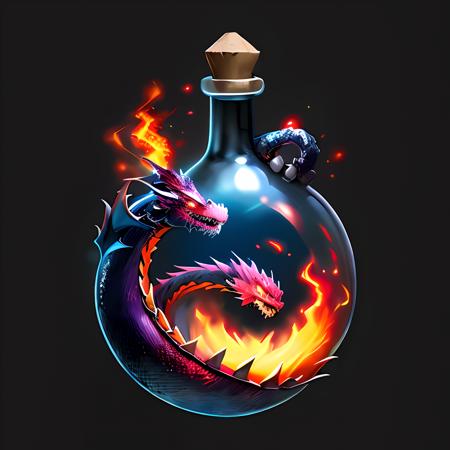 (masterpiece, top quality, best quality, official art, beautiful and aesthetic:1.2),(8k, best quality, masterpiece:1.2),CGgameiconV, no humans, glowing, black background, simple background, dragon, scales, eastern dragon, gem, red eyes, bottle, liquid, red, dargon, ray, blttle,<lora:CGgameiconV:1>,