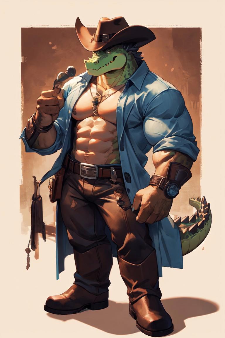 Male, anthro, muscular, bara, gummigoo, crocodile, gummy, cowboy